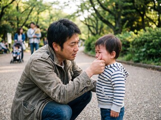 Fototapeta premium Caring Japanese Father Comforting Crying Toddler Son in Park
