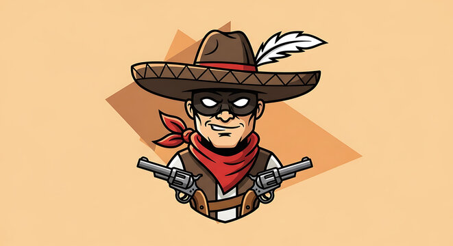 Dynamic wild west desperado with a masked identity and a feathered sombrero, ready for a thrilling adventure, wielding twin revolvers in a classic outlaw stance
