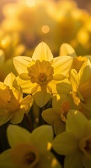 Obraz premium Close-up of vibrant yellow daffodils bathed in sunlight, spring bloom.