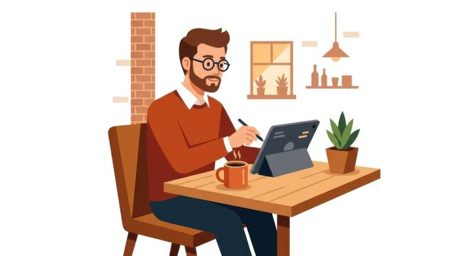 Engaged Man Working at Table with Tablet, Coffee, and Plants