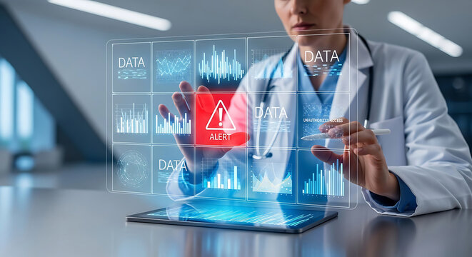 Doctor interacts with futuristic holographic medical data alert screen healthcare technology