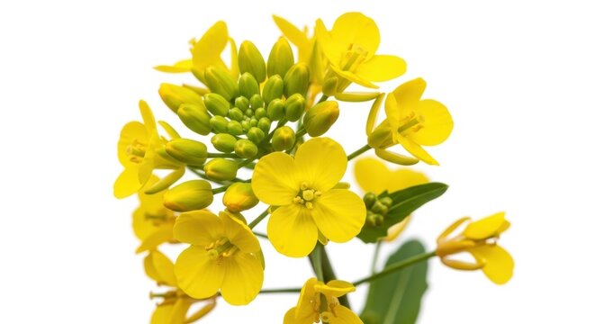 Close-up of vibrant yellow rapeseed flowers on a white background.