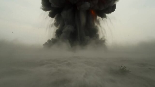 Explosion of power: a scene of raw energy, a massive explosion billows, casting a dark cloud against a cloudy sky. The photograph captures the sheer force of the event.