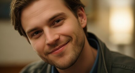 Naklejka premium Close-up portrait of a smiling young man with brown hair and a casual jacket, looking directly at the camera with a warm expression.