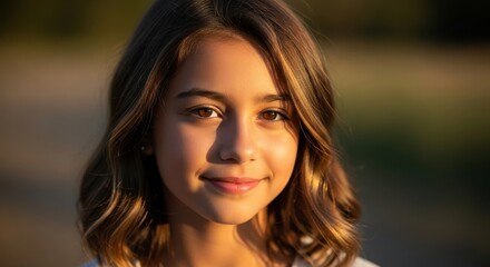 Fototapeta premium Close-up portrait of a young girl with warm sunlight on her face.