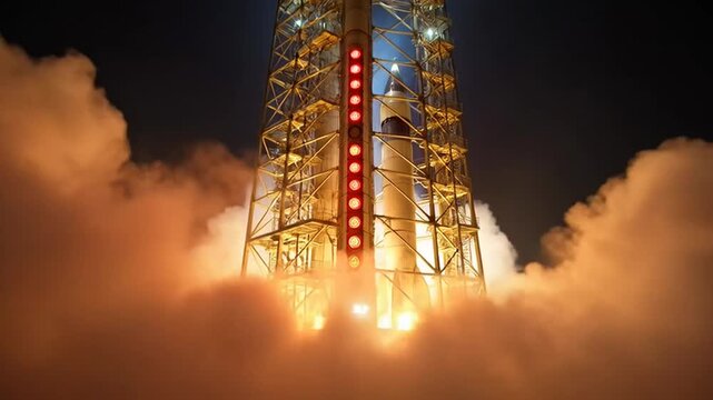Ascension to the Cosmos: A towering rocket embarks on its journey towards the cosmos, enveloped in billowing smoke and radiant flames, illuminating the night sky with its powerful ascent.