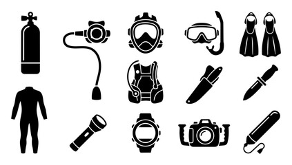 Scuba Diving Equipment Icons Set, Diving Gear Silhouettes, Underwater Sports Tools Vector Collection © Mediasegment