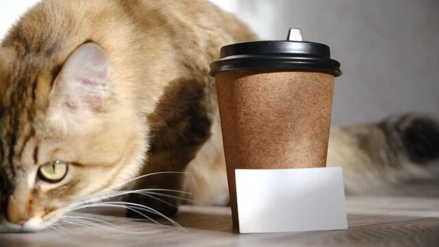 Cute  cat with paper cup. A cup of coffee in the morning always fires up for the day. Aromatic coffee made morning feel cozy and inviting. Cup with place for text. Template, mockup