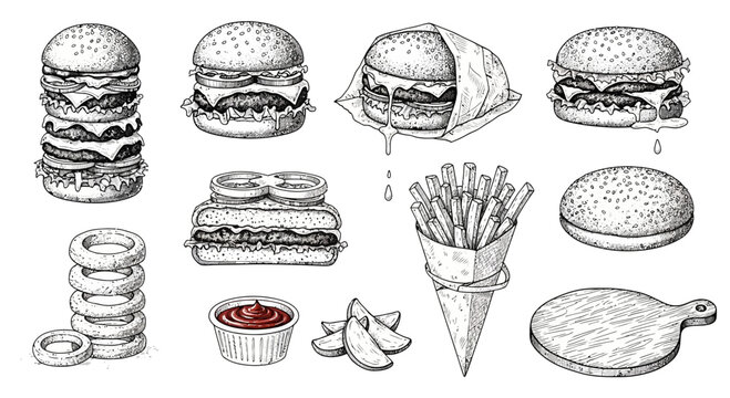 Fast food menu items illustration set.
