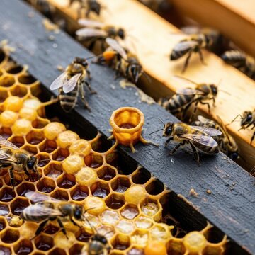 Close-up view of bees on honeycomb, a natural wonder.