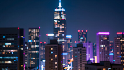 Fototapeta premium Abstract Neon City Lights Bokeh Background at Night with Urban Skyline Blur 