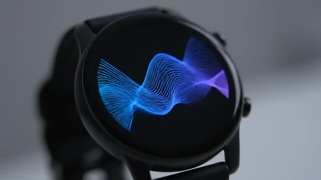 Modern smartwatch displaying a vibrant, abstract sound wave animation on its screen, showcasing advanced technology and interactive features