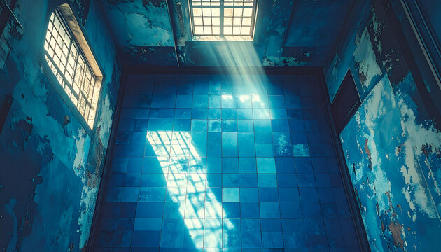 Abandoned blue room with windows light.