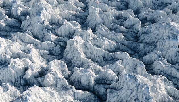 Aerial view of rugged arctic glacier ice formations, frozen landscape terrain, snowy mountain ridges, polar wilderness snow ridge crevasse jagged.