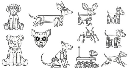 Collection of Diverse Robotic Dog Illustrations, Featuring Various Designs and Styles © PixelSingleStudio