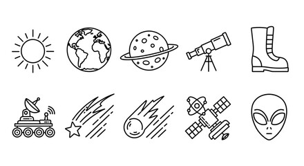 Set of space-themed icons including the sun, Earth, Saturn, a telescope, a boot, a rover, shooting stars, a comet, a satellite, and an alien © PixelSingleStudio