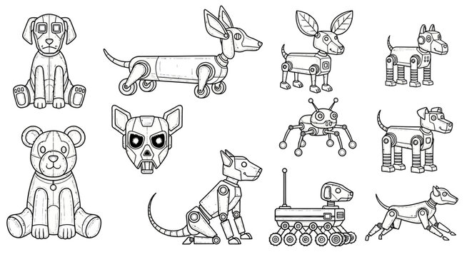 Collection of Diverse Robotic Dog Illustrations, Featuring Various Designs and Styles