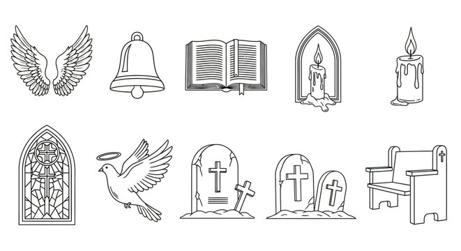 Collection of hand-drawn Christian religious symbols and memorial elements, including a dove, bible, wings, and tombstones for spiritual designs