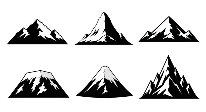Collection of diverse mountain peak illustrations, ideal for outdoor adventure and nature-themed graphic projects. Featuring various rugged styles and iconic silhouettes in clean vector format