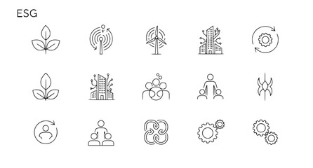 Fototapeta premium Minimal ESG thin line icons environmental social governance editable stroke vector set isolated on white background