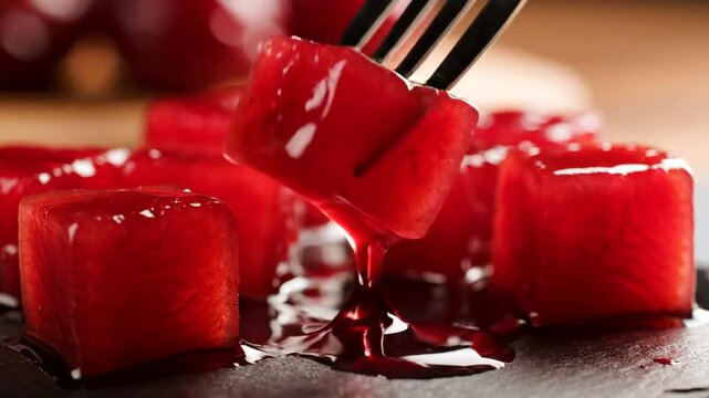 A fork lifting a cube of delicious red jelly dessert.