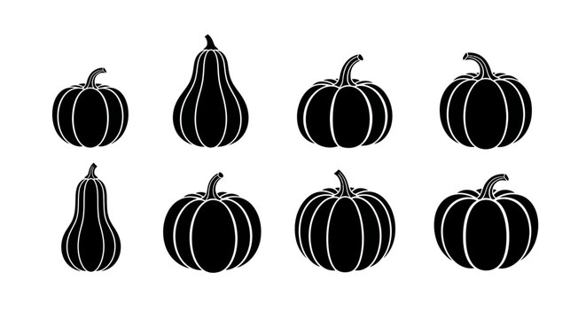 Collection of assorted pumpkins and gourds in silhouette, depicting various shapes and sizes for seasonal decoration and harvest themes