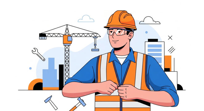 Construction Worker Wearing Hard Hat And Safety Vest.