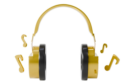 3d gold headphones music notes icon. audio listening concept. minimal cartoon wireless headset symbol for music app. isolated on white transparent background. 3d render.