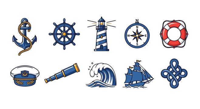 Nautical icons and maritime symbols.