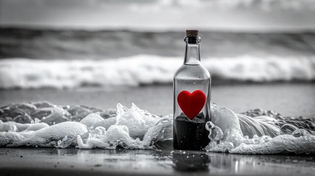 A red heart in a bottle on a beach, surrounded by waves in grayscale