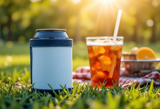 Blue insulated can cooler and a glass of iced tea sit on green grass in a sunny park. koozie
