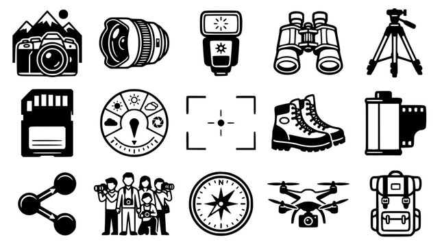 Vector graphic illustration of photography and travel icons set