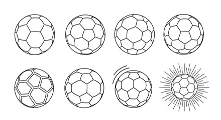 Obraz premium Diverse collection of vector line art soccer balls, perfect for sports themes, game development, and athletic marketing, featuring various football silhouette designs