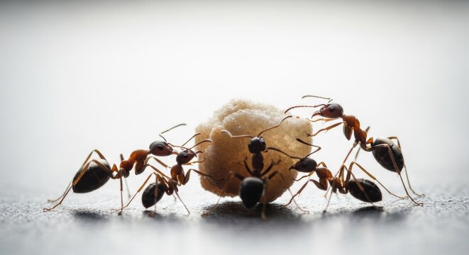 Ants working together to carry food.