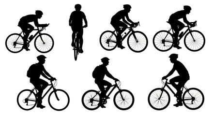 Naklejka premium Dynamic collection of black silhouettes featuring cyclists on bicycles, illustrating diverse riding positions and the active essence of sports and fitness training