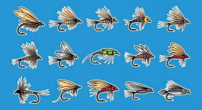 Collection of various colorful fly fishing lures and artificial flies, showcasing different designs and materials used for angling, set against a blue background.