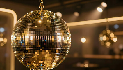 Obraz premium Golden Disco Ball Hanging in Nightclub with Warm Lights and Reflections