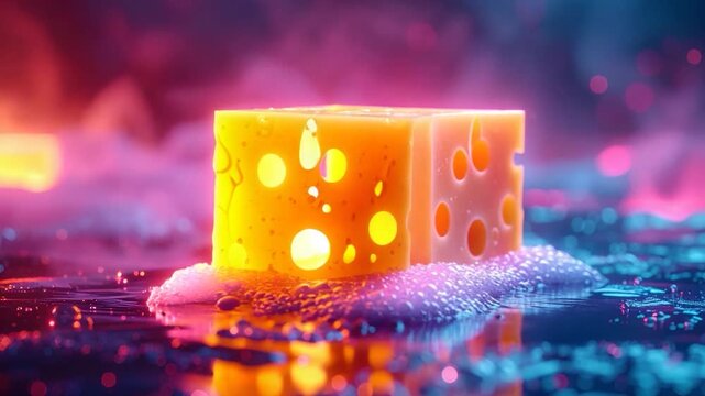 Glowing, holey cheese cube on shimmering water. Pink, blue, and orange colors