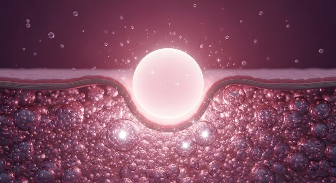 3d render of a glowing serum drop penetrating the skin surface, representing deep hydration and skincare absorption