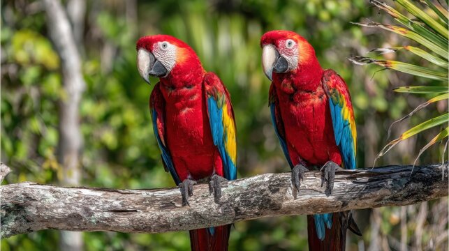 Two Vibrant Scarlet Macaws Perched Together on a Textured Wooden Branch Amidst Lush Green Foliage