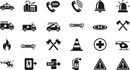 Emergency safety icon silhouette illustration, police car artwork, ambulance design, fire truck graphic, rescue symbol emblem, warning triangle © MdMonowar