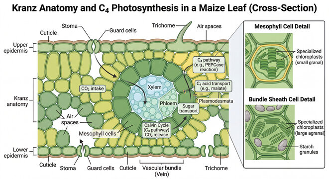 New Detailed Scientific Anatomy Diagrams: C4 Plant Leaf Kranz, Pure White Background