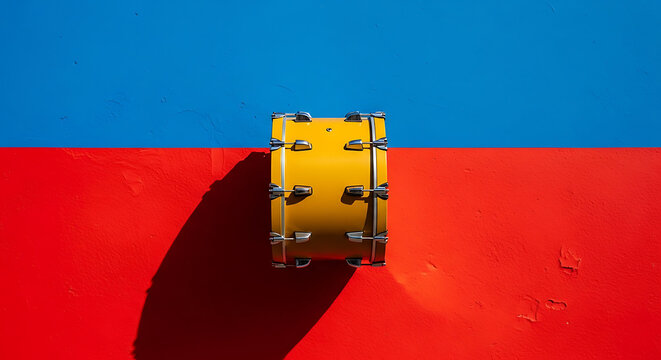 A yellow drum with chrome hardware sits on a vibrant red and blue split background, casting a shadow.