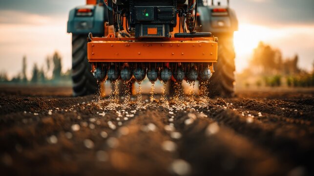 Modern precision planter depositing uniform seeds into cultivated soil rows for efficient agriculture