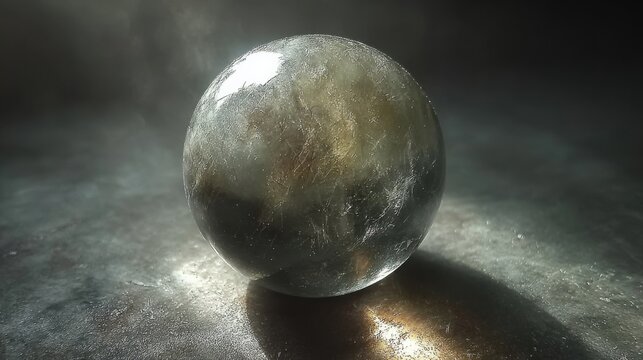 Polished obsidian scrying mirror sphere reflecting soft ambient light on a textured surface.