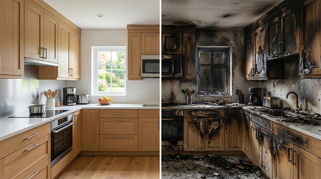 Kitchen before and after fire damage split screen comparison