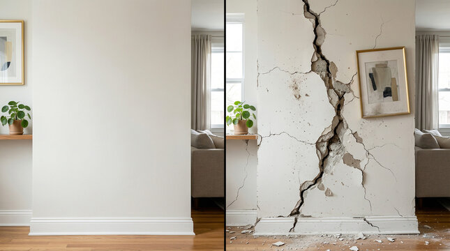 Structural wall damage comparison before and after insurance claim