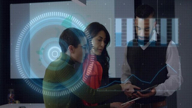 Three colleagues swiping tablets, activating HUD ring and chart overlays for business review