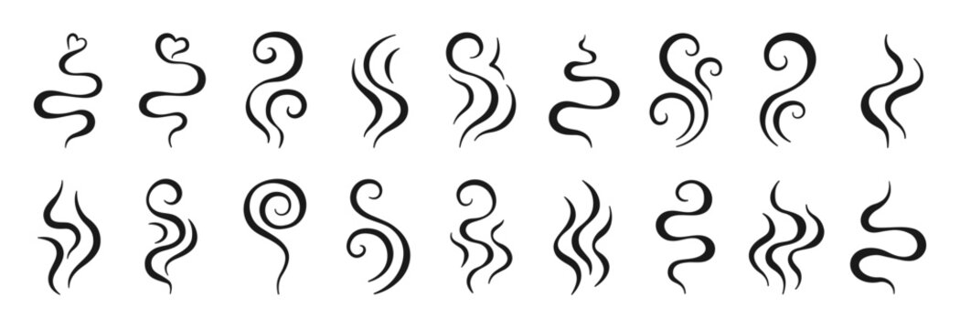 Steam and smoke icon set hand drawn doodle line set. Flowing swirls and curved lines representing aroma waves air scent. Minimal linear symbols soft motion, abstract vapor shapes and dynamic fluid