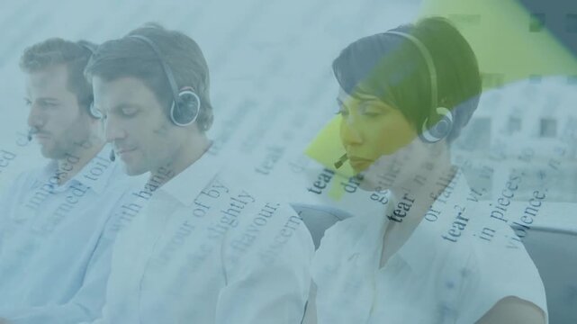 Diverse office team reacting as yellow mark sweeping, center speaking, right smiling with headsets
